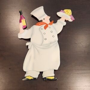 Signed Betty Whiteaker, metal Chef w/ Wine & Cheese hanging wall decor